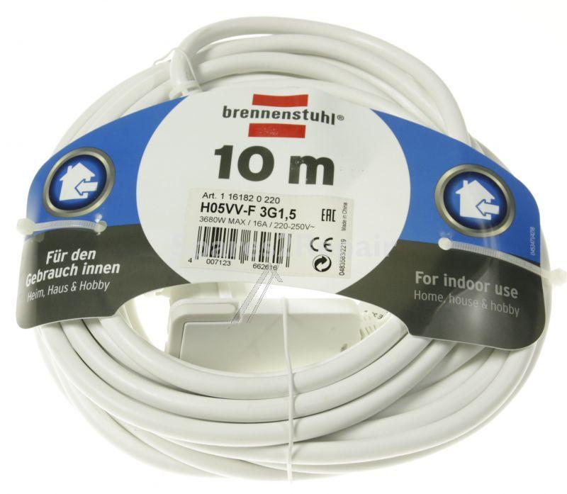 Brennenstuhl Power Supply Cable - 1161820220 Quality Plastic Extension Cable 10m H05vv-f 3g1.5 White With A Flat Plug And Double Coupling