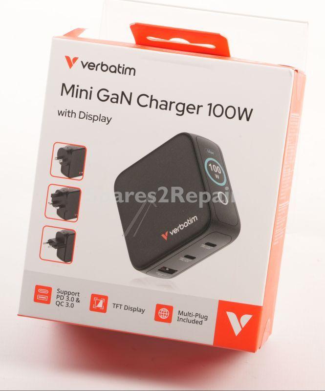 Verbatim Usb Power Supplies - 30239 Gan Charger 100w 2x Usb-c 1x Usb-a Pd Qc Pps Display Eu-uk-us