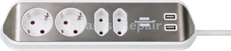 Brennenstuhl Four-way Trailing Socket - Estilo Estilo Four-way Trailing Socket+usb-charging Function 4-ways 2x Protective Contact And 2x Euro Silver-white, 2m, H05vv